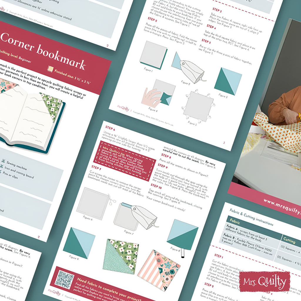 Several illustrated instruction sheets display step-by-step guides for sewing a corner bookmark with fabric scraps, featuring diagrams and fabric samples, using the Corner Bookmark Downloadable PDF Quilt Pattern.
