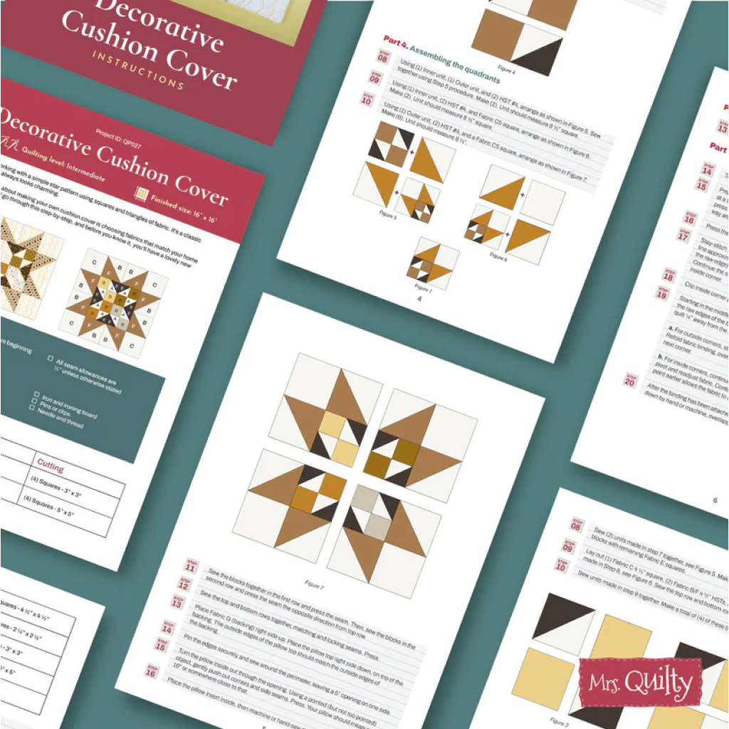 The Decorative Cushion Cover Downloadable PDF Quilt Pattern includes a star block diagram, step-by-step assembly instructions, and cutting guides for making a stylish decorative cushion cover.