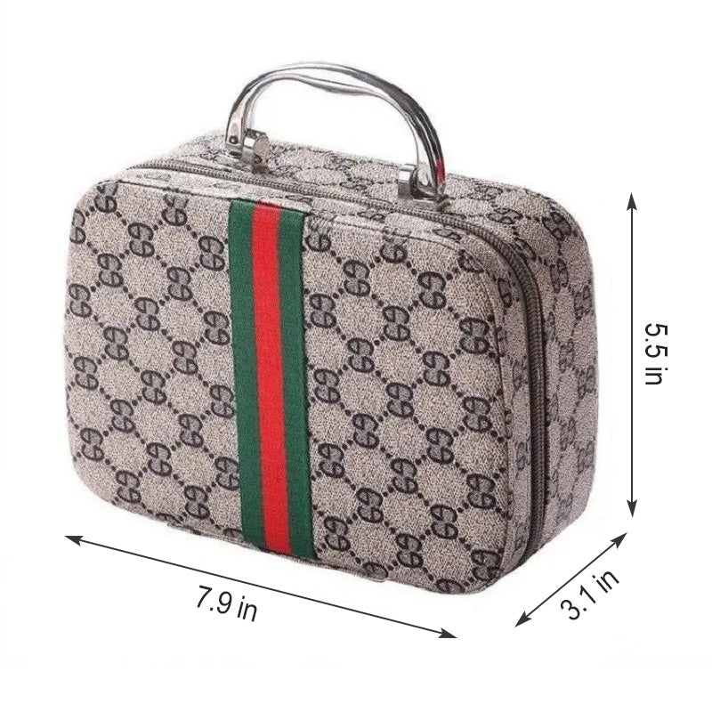 The "Sewing Kit In a Stylish Box" is reminiscent of a beige handbag with a patterned design, featuring an elegant green and red stripe. It's adorned with a silver handle to accentuate any décor. Dimensions: 7.9 x 3.1 x 5.5 inches.