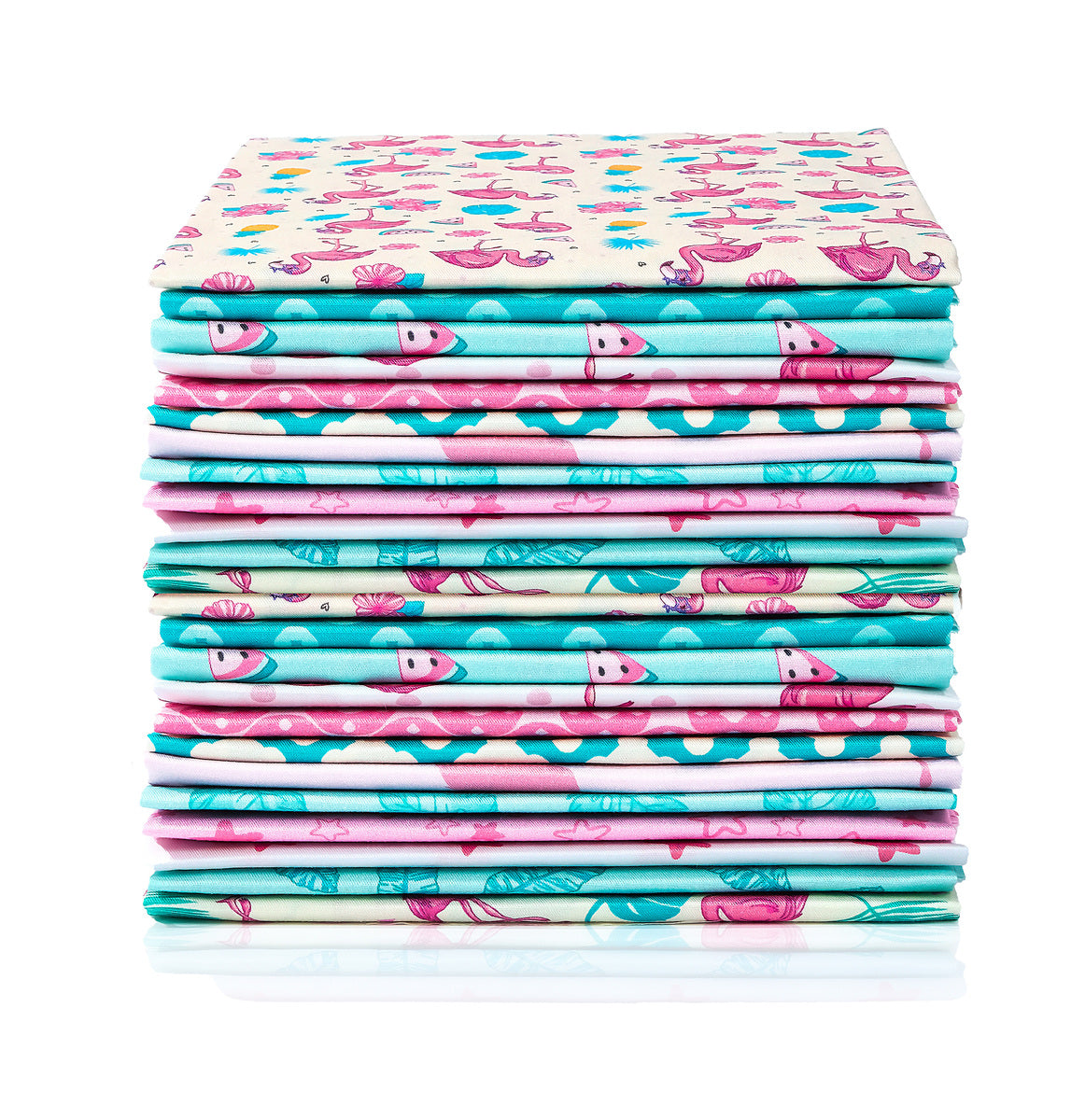 The Flamingo Fiesta - Fat Quarter Bundle boasts vibrant, patterned cotton fabrics with playful pink and teal animal and plant designs, accented with tropical flowers, all neatly arranged on a white background.