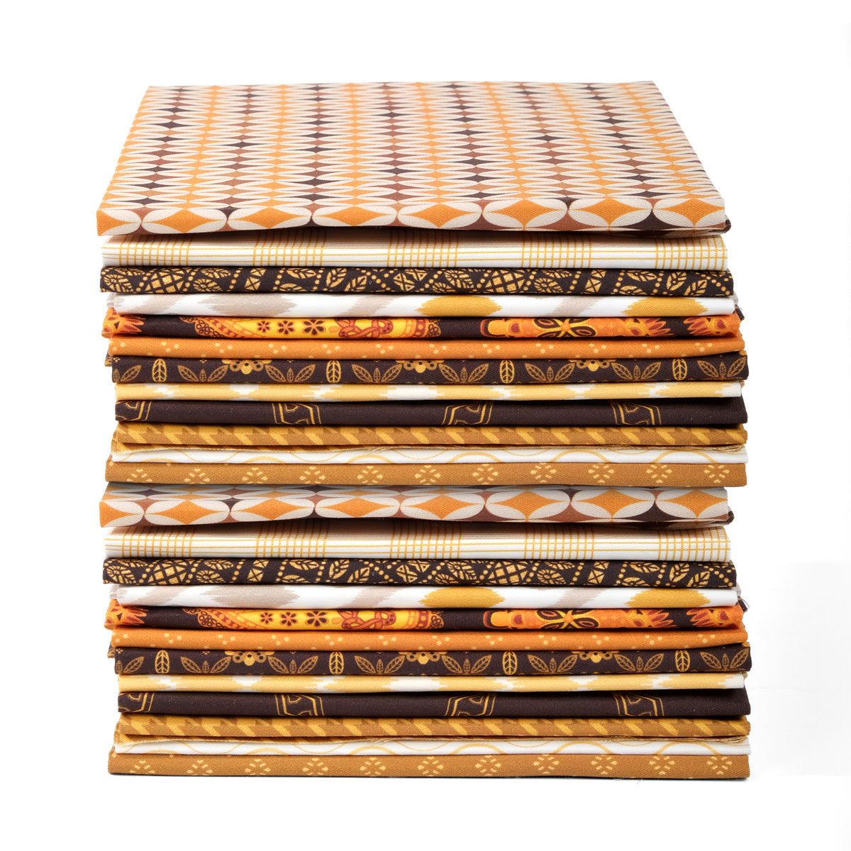 A neatly stacked pile of "Warm Reflections" fat quarter bundle featuring folded patterned fabrics in warm brown, black, and orange with classic geometric and floral designs on a white background.