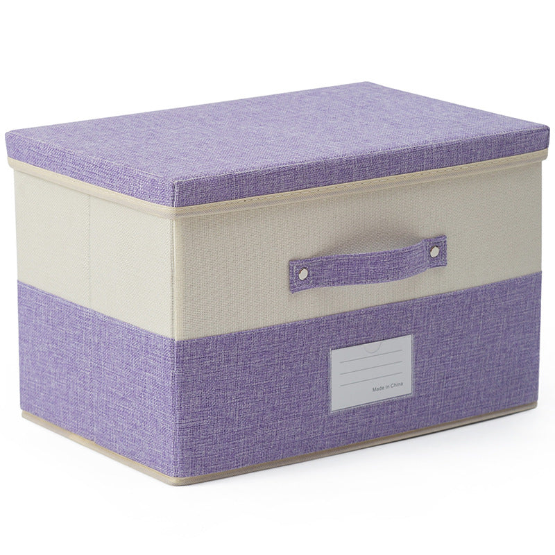 The Foldable Storage Box with Lid is durable and stylish, featuring a purple lid, base, and handle, with a beige center. It includes a front label that says "Made in China," making it a versatile storage solution.
