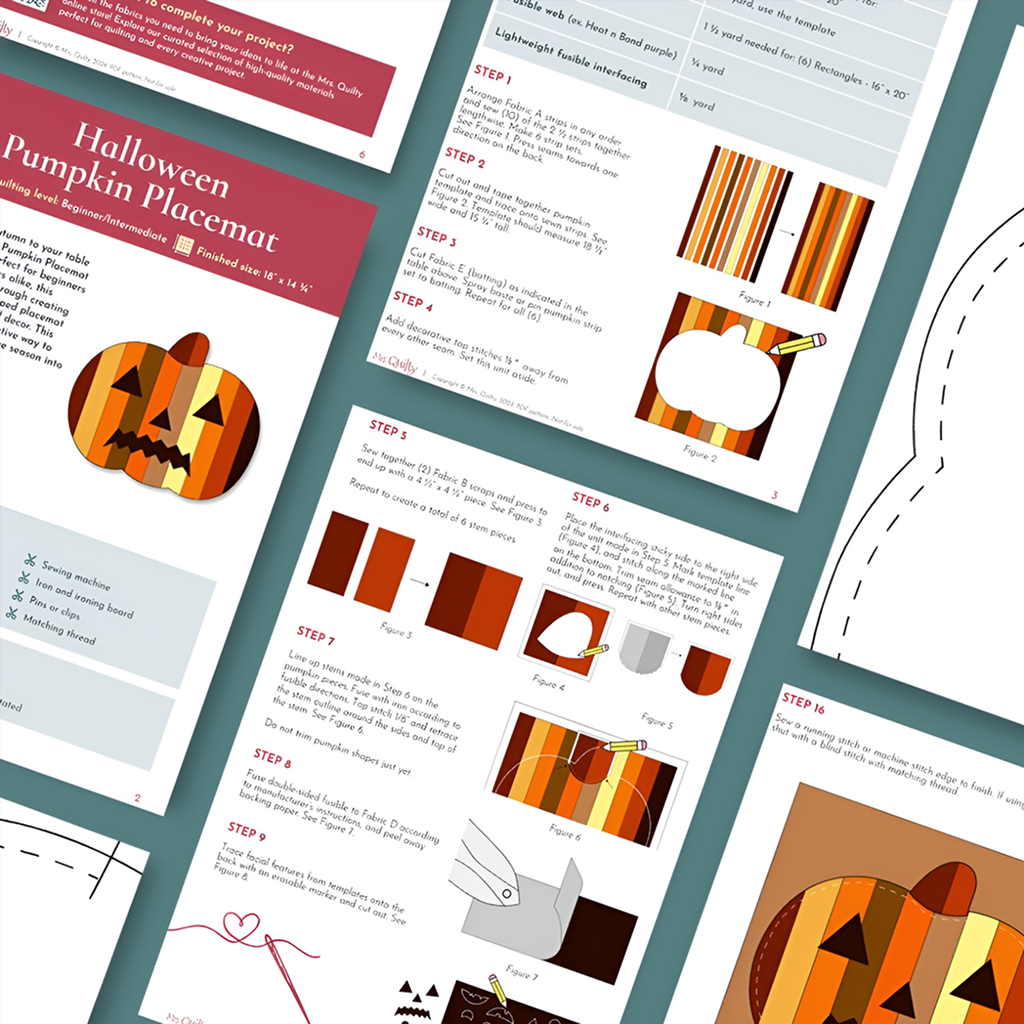 The Halloween Pumpkin Placemat Downloadable PDF Quilt Pattern includes detailed instructions, steps, diagrams, templates, and a materials list. Orange, black, and white accents create a festive look—ideal for fall decor or highlighting your quilting skills.