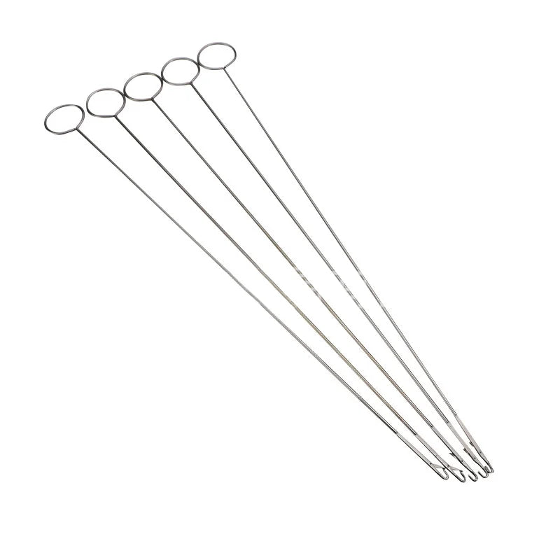 A set of five premium Stainless Steel Sewing Loops with circular handles are parallel against a white background, showcasing their sleek silver design.