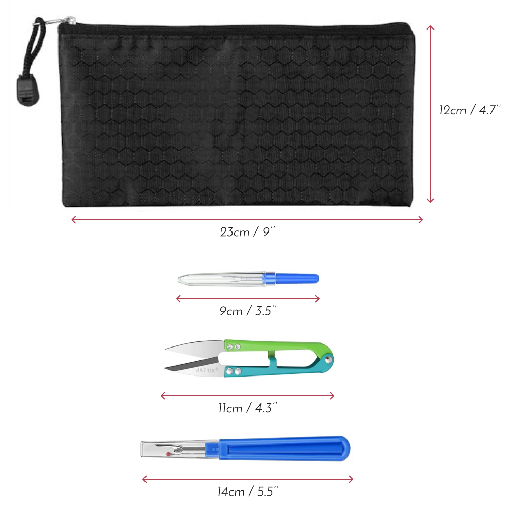The Seam Ripper Kit comes in a black zippered pouch (23cm x 12cm) and includes precision head tools: a blue pen (9cm), green scissors (11cm), and a blue tool (14cm), ideal for enhancing your stitching experience.