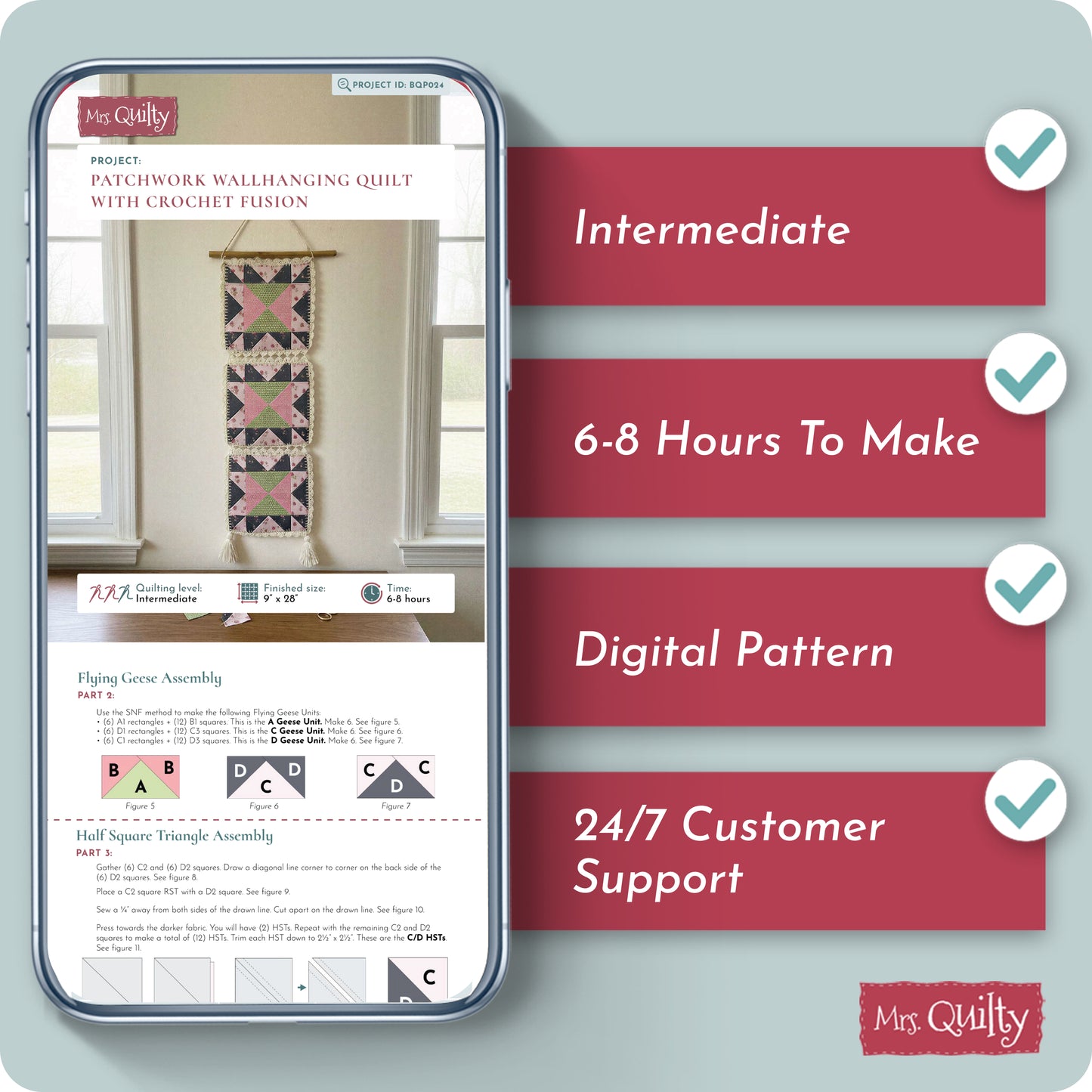 Patchwork Wallhanging Quilt with Crochet Fusion Digital PDF Pattern
