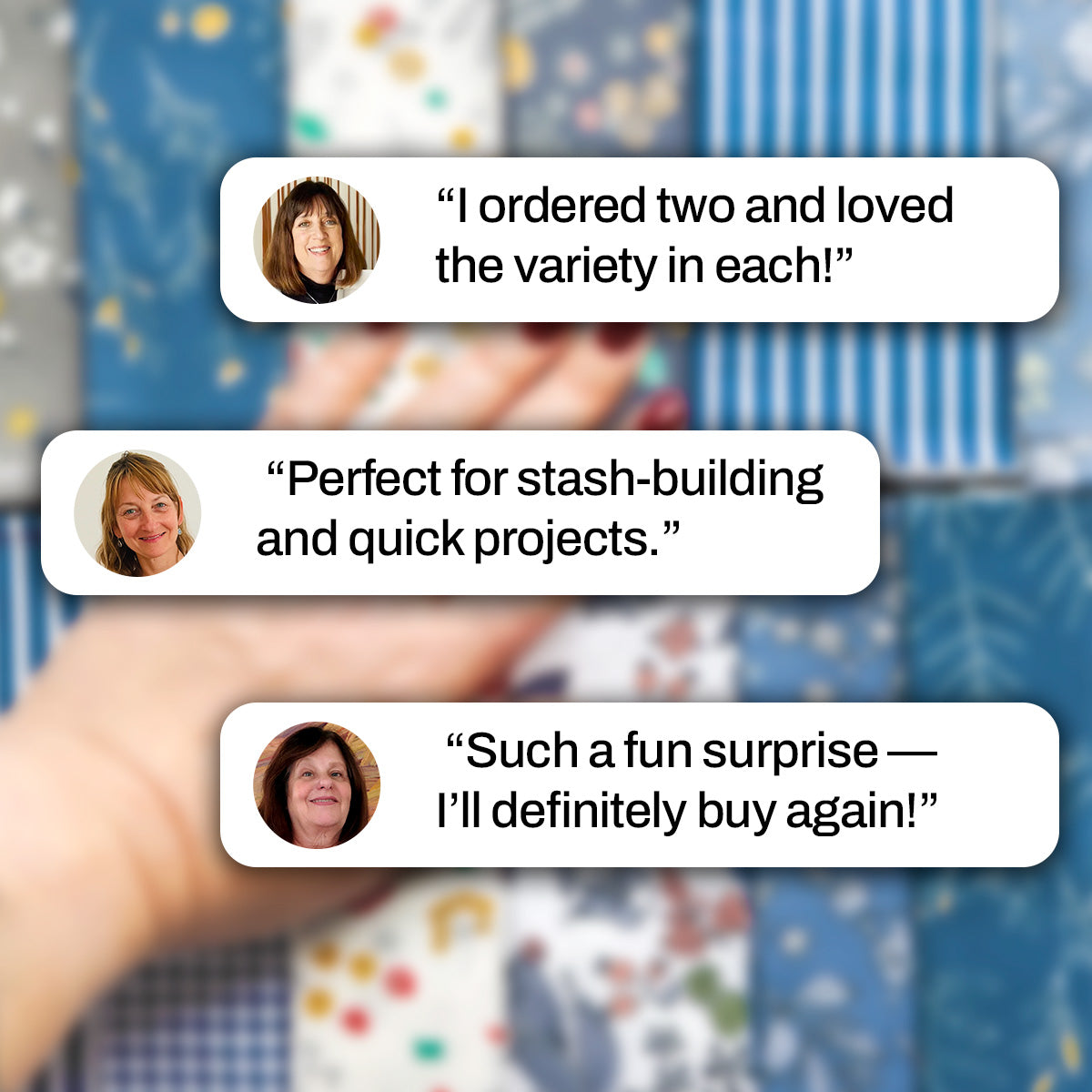 A hand reaches for the Mystery Fat Quarter Bundle with reviews praising its variety, high-quality cotton, and suitability for quick projects, ensuring overall enjoyment.