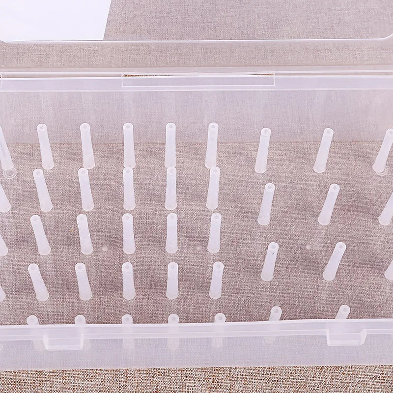 The Thread Storage Box: Holding 42 Spools, features a transparent lid with clear, evenly spaced rods inside. It's perfect for organizing and decluttering your sewing space efficiently.