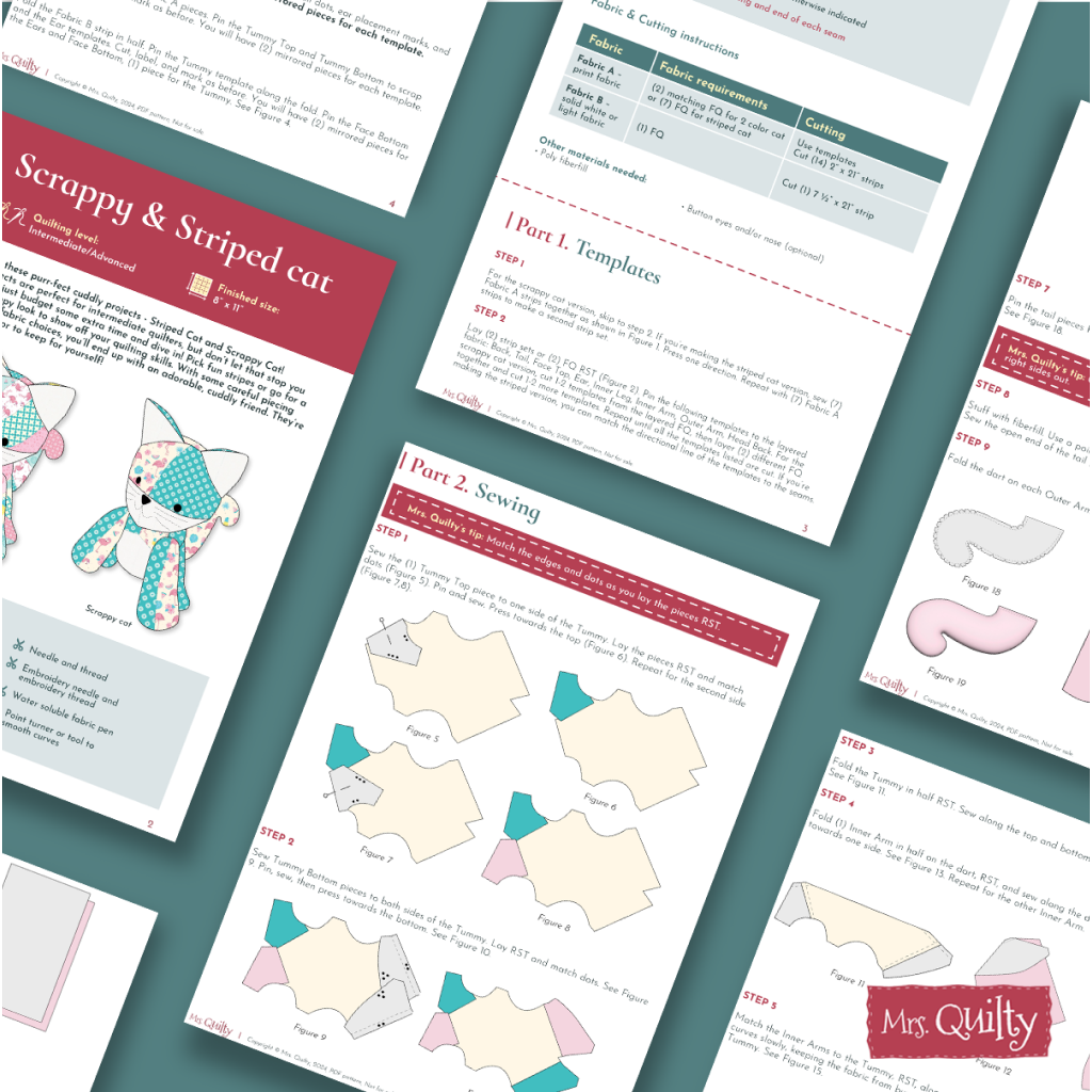 Downloadable PDF quilt pattern for Katie the Kitten, featuring illustrated step-by-step diagrams, easy-to-follow text instructions, templates, and the "Mrs. Quilty" logo—ideal for practicing your quilting skills.