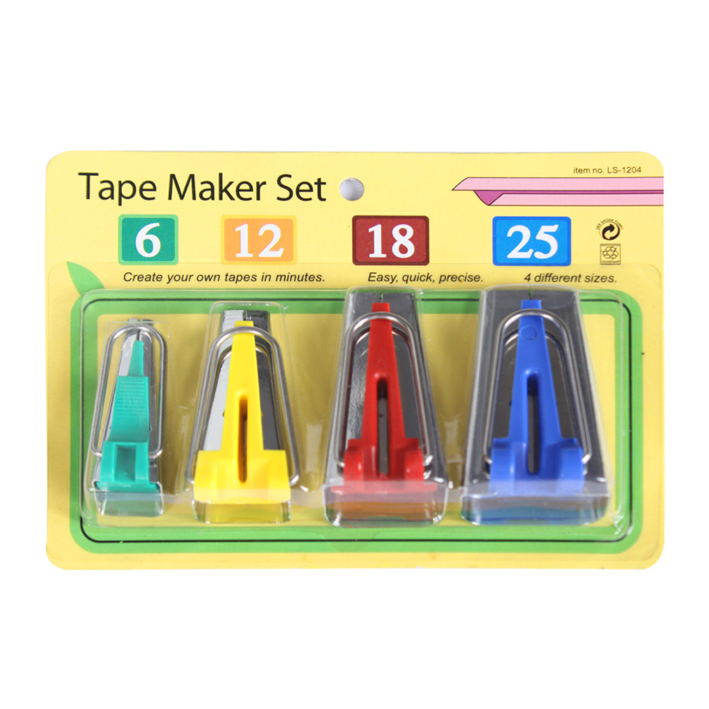 The Bias Tape Maker Set features four vibrant tools: green (6mm), yellow (12mm), red (18mm), and blue (25mm). Ideal for crafting custom bias tapes, it's a must-have for sewing projects, packaged in durable plastic.