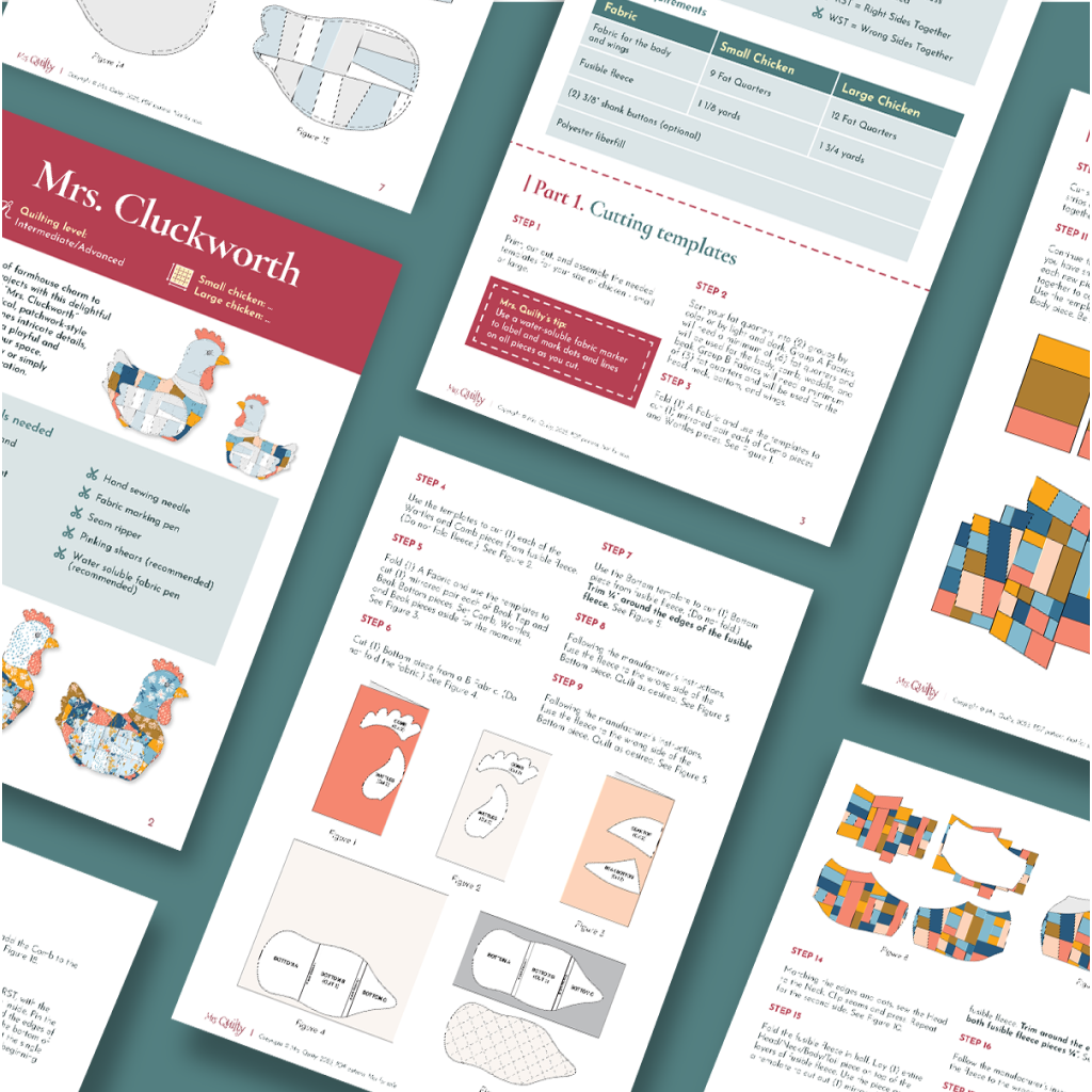 Several pages from the Mrs. Cluckworth Downloadable PDF Quilt Pattern are displayed, showing illustrated instructions, diagrams, templates, and a materials list for creating a charming chicken quilt with farmhouse appeal.