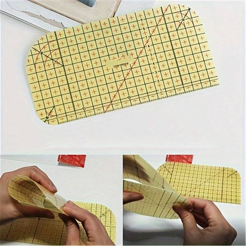 The Non Slip Acrylic Quilting Ruler Set features flexible, transparent rulers with grid lines and measurement markings, made of non-slip acrylic for precise quilting—shown bent and held in various ways to aid detailed projects.