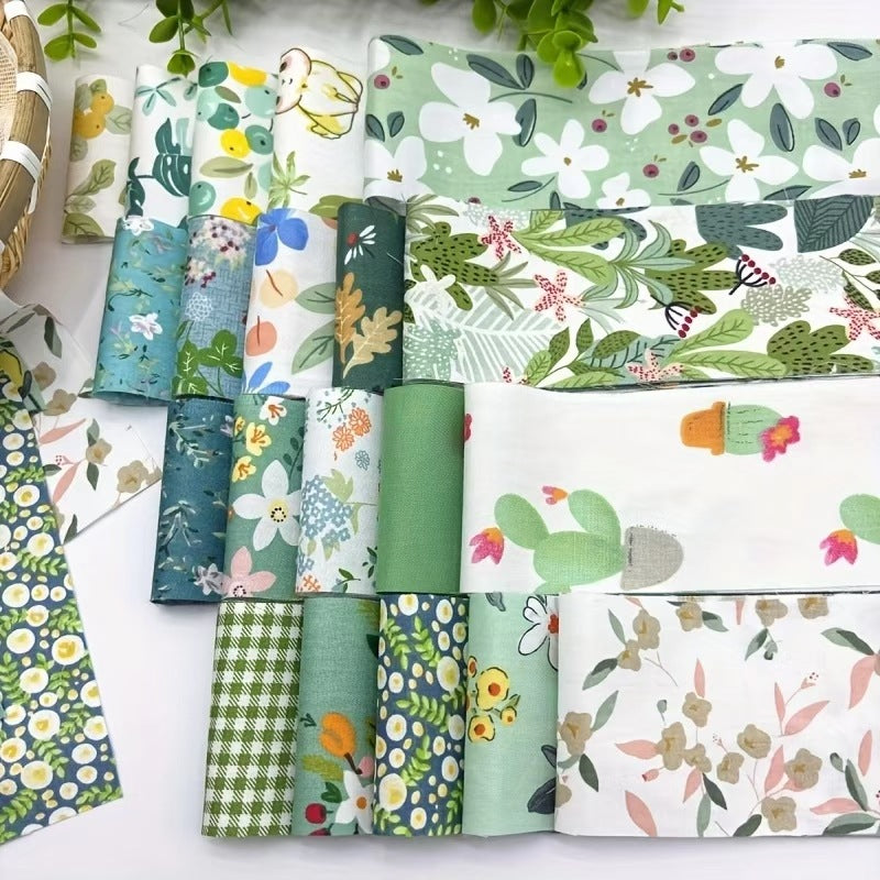 The Whispering Meadows Jelly Roll Bundle, featuring precut quilting cotton strips in floral, plant, and cactus patterns with green, white, blue, and yellow tones, is arranged on a white surface.