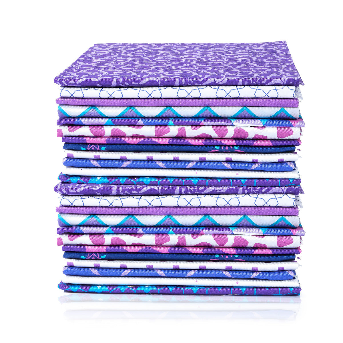 A stack of vibrant fabrics from the Purple Geometry Collection, featuring geometric patterns in purple, pink, blue, and white. Made from 100% cotton for versatility. Product: Purple Geometry - Fat Quarter Bundle.
