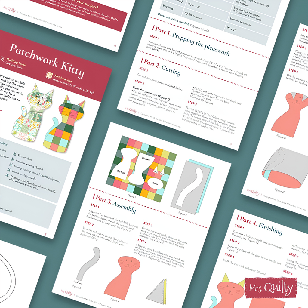 Flat lay of Patchwork Kitty Downloadable PDF Quilt Pattern sheets with step-by-step instructions, templates, and tips for sewing a patchwork cat plush toy—perfect for using your quilting skills in piecework construction.