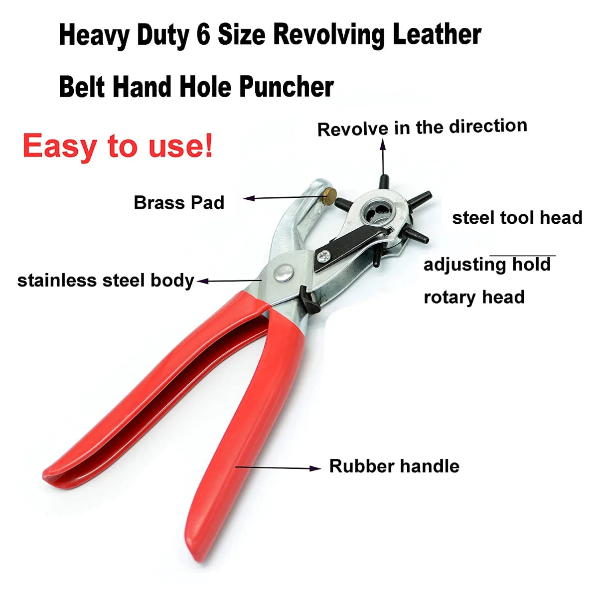 The Leather Hole Puncher, featuring a robust steel head and stainless steel body, comes with an adjustable rotary head for versatile hole sizes. It includes a labeled brass pad, red rubber handle, and instructions to ensure crafting precision every time.