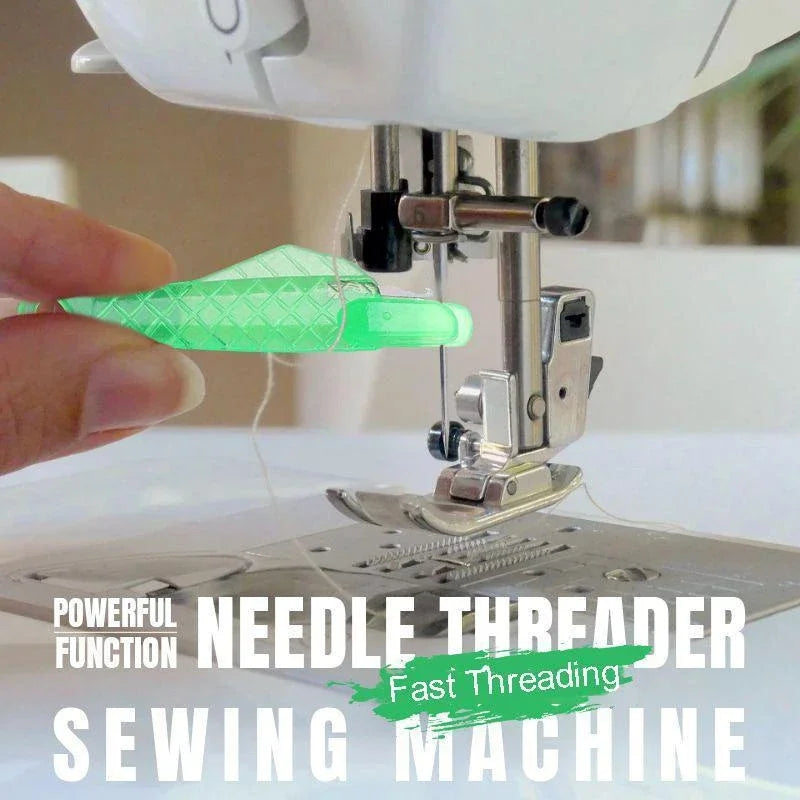 Close-up of a sewing machine needle being threaded with a green tool. Text reads: "20Pcs Automatic Needle Threader for Seamless Sewing." Enjoy a user-friendly design that enhances your sewing experience with fast threading efficiency.