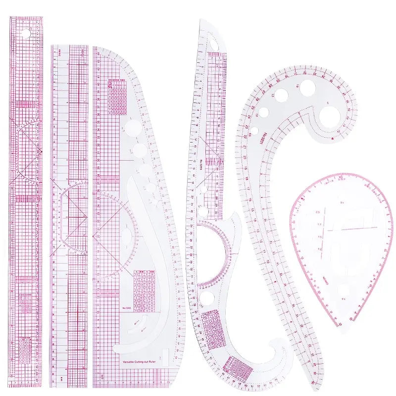 The French Curve Ruler Set, with transparent design and pink grid lines, is perfect for any sewing toolkit. Featuring both straight and curved edges, these rulers are essential for pattern-making and design tasks.