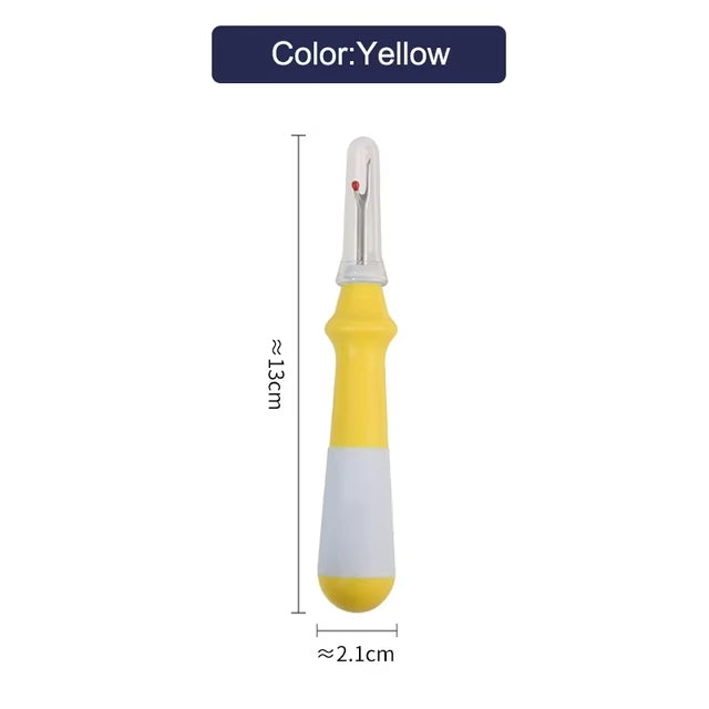 The dual-color seam ripper for quilting and sewing features a yellow handle with a comfy white grip, measuring 13 cm by 2.1 cm, perfect for precision tasks in the kitchen or sewing projects.