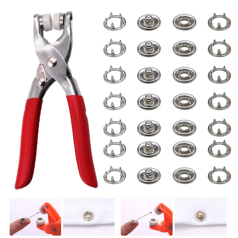 The Metal Press Plier Tool, with red handles, is arranged beside metal snap button parts, ideal for DIY crafting. Images display its use with fabric. The set includes a Thickened Five-Claw Buckle for durable snaps using stainless steel pliers.