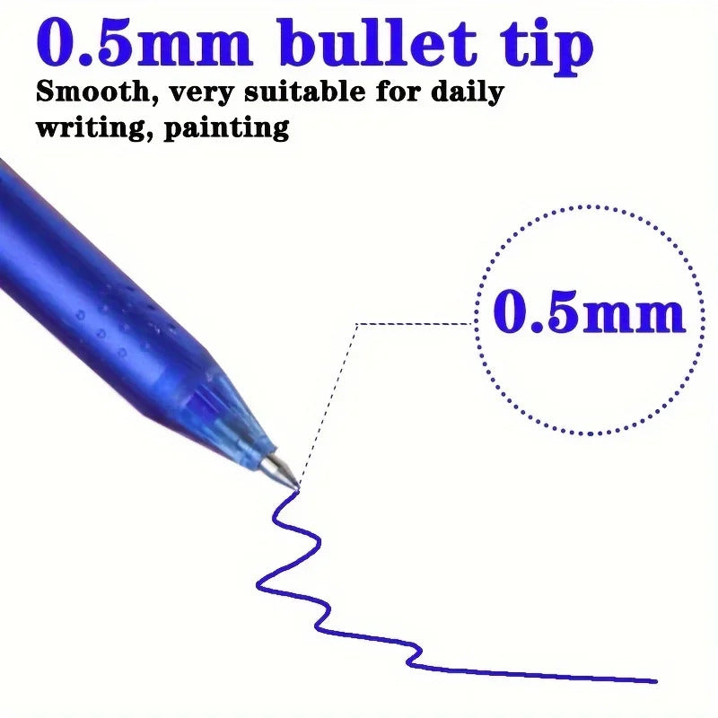 Close-up of a blue pen with a 0.5mm bullet tip and thermo-sensitive gel ink: "0.5mm bullet tip, smooth for daily writing, painting." The pen's wavy line is ideal for quilting designs using Heat Erasable Fabric Markers - 8 pack.