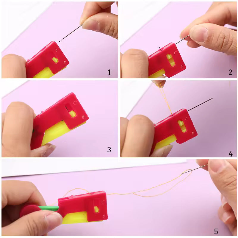 A step-by-step guide shows hands using a red and yellow needle threader to attach thread to a sewing needle from the Sewing Needles Set 30 Pcs, ideal for enhancing your crafting projects.