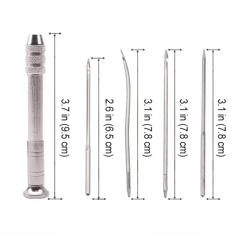 The Sewing Needles for Leather and Shoe Repair set includes a handle with five interchangeable needle attachments designed for leather crafting. Each piece, tailored for precision in shoe repair, features various lengths and shapes with measurements in inches and centimeters.