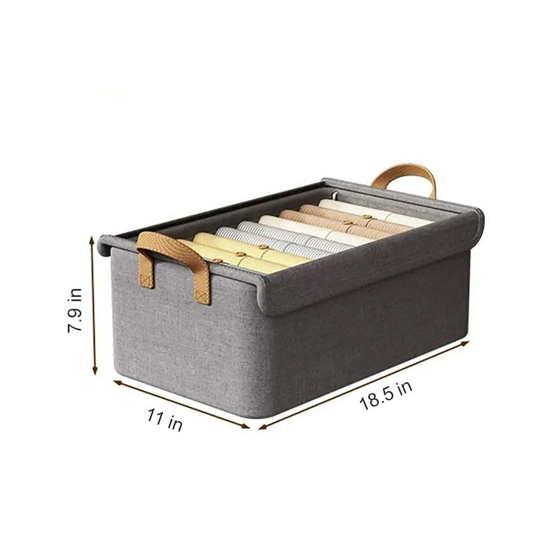 The Foldable Storage Box With a Transparent Lid, made of breathable gray non-woven fabric and leather handles, measures 18.5"x11"x7.9". It stylishly organizes your space with neatly arranged clothes, blending functionality and style.