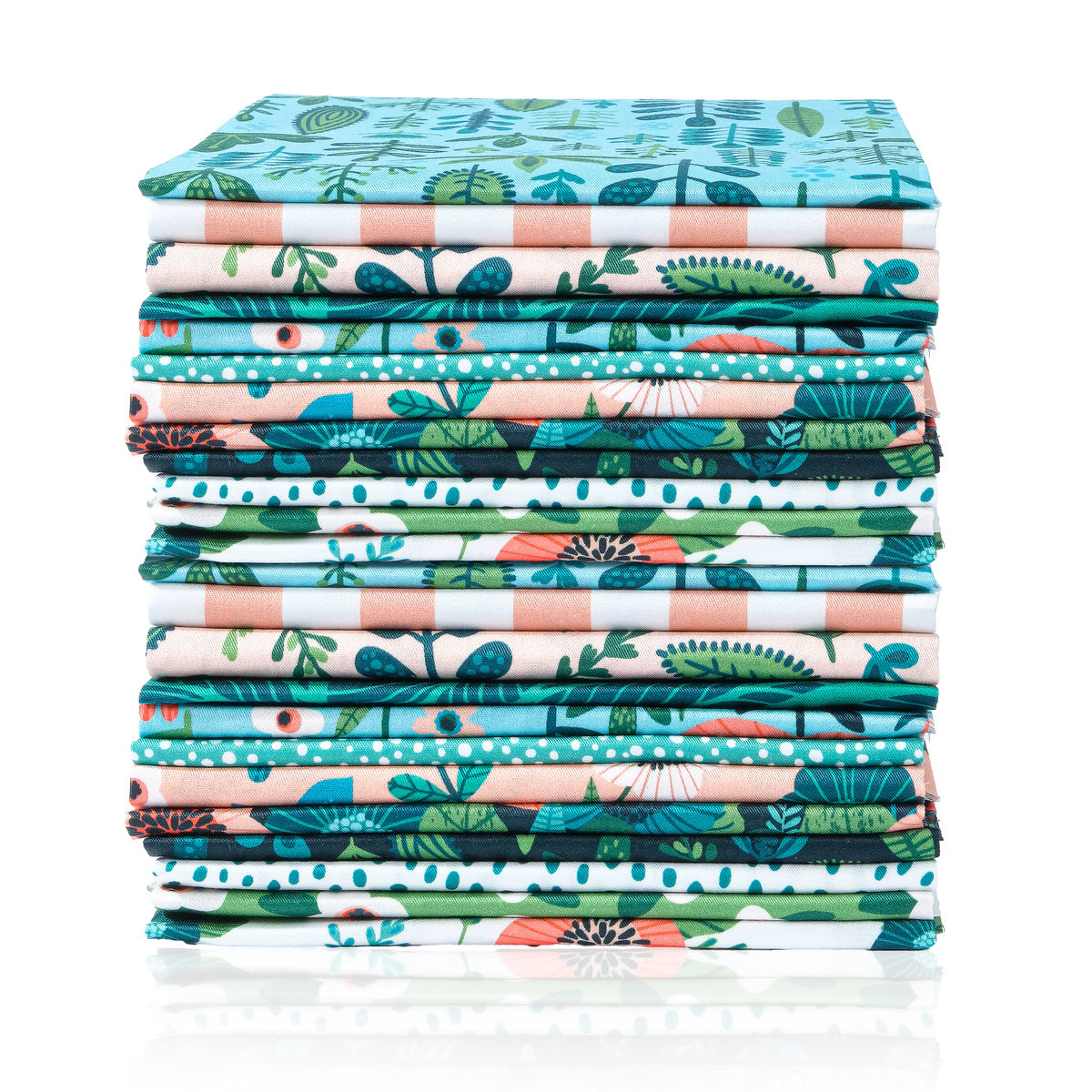 A neatly stacked Fat Quarter Bundle from the Tribal Garden collection, featuring botanical and geometric patterns in blue, green, and peach, rests on a white background.