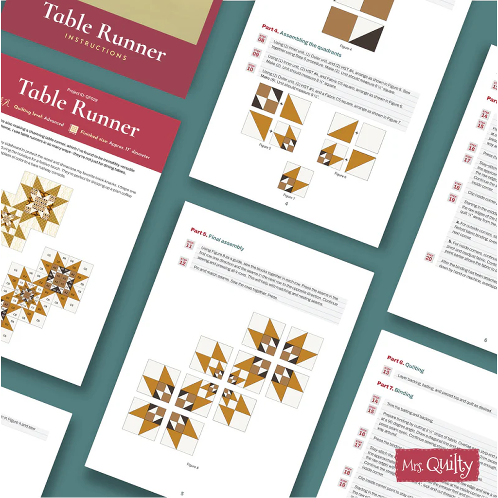 The Table Runner Downloadable PDF Quilt Pattern features step-by-step diagrams in beige, brown, and white—ideal for home decor. Instantly download this easy quilt pattern and start your project today!.