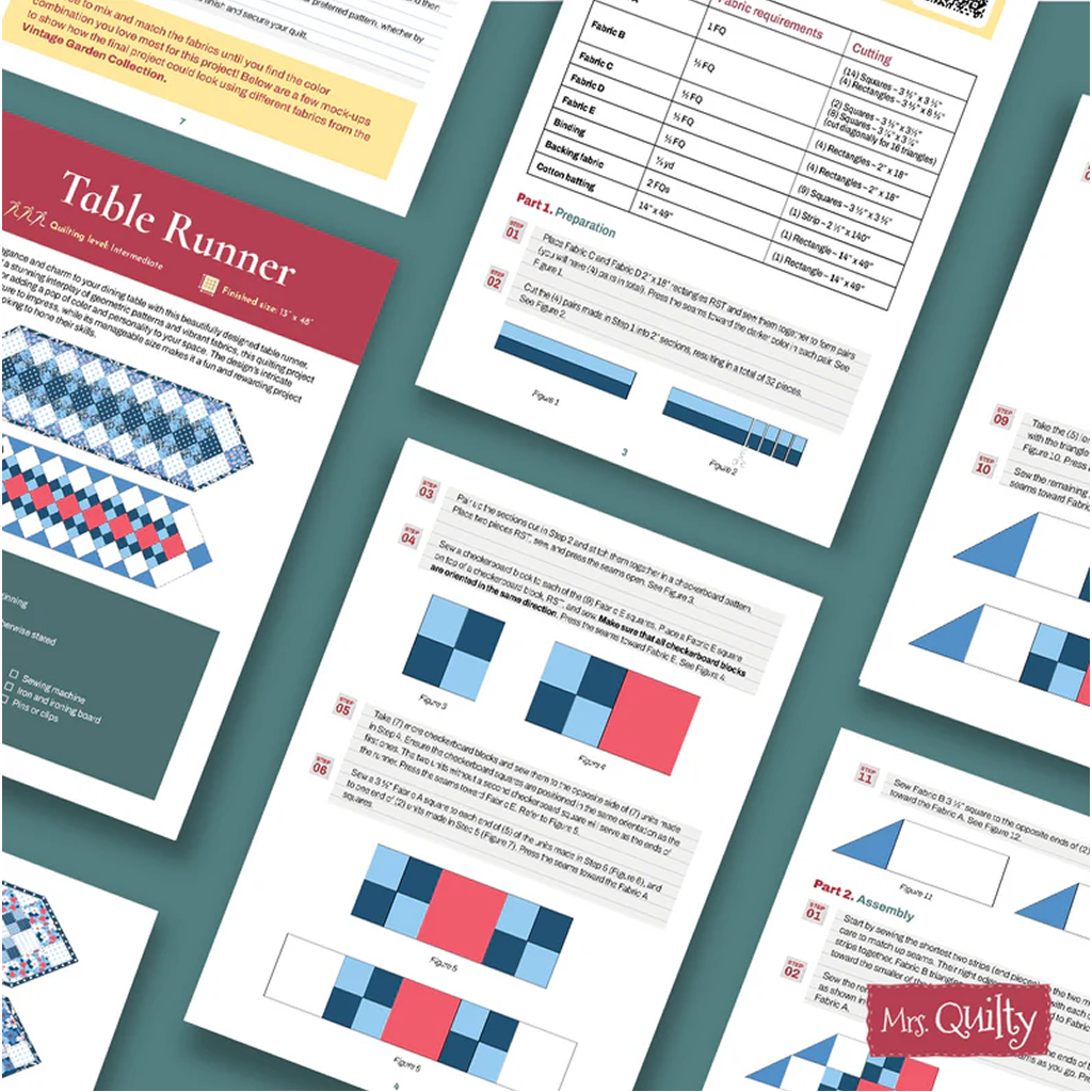 The Table Runner Downloadable PDF Quilt Pattern features geometric diagrams, fabric measurements, and step-by-step assembly instructions for elegant table runners—all presented on a teal background.