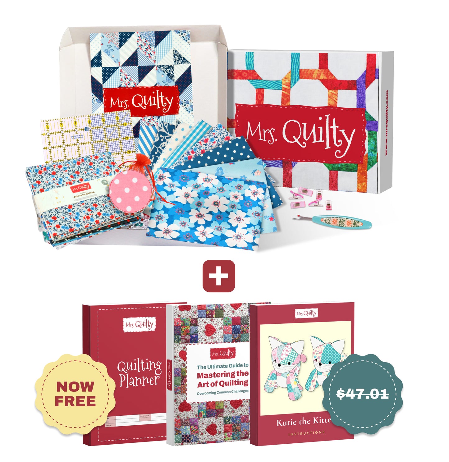 The Mrs Quilty Subscription Box showcases quilting kits and books, featuring fabric pieces, a quilting planner, and guides. One book is titled "Katie the Kitten." Discount and free offers are prominently displayed on stickers.
