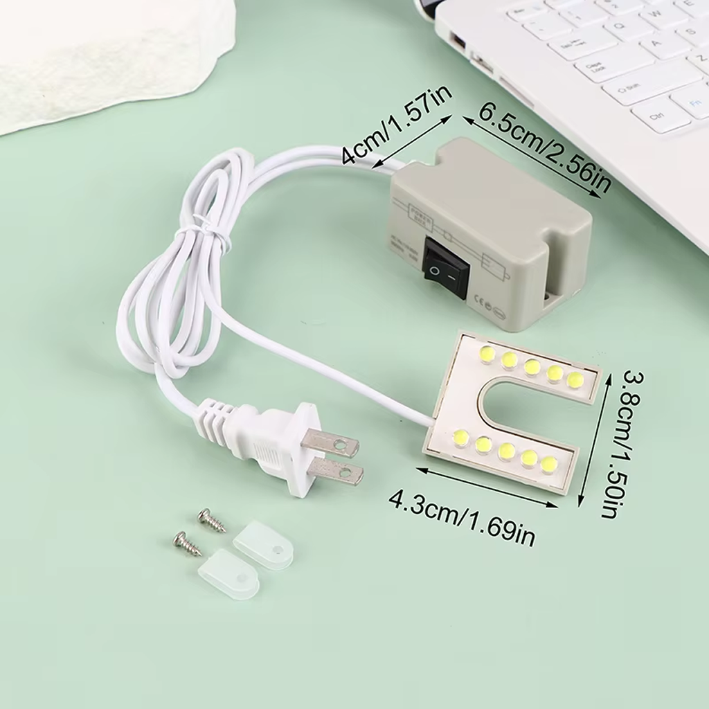The Sewing Machine U-shaped LED Light is a plug-in strip featuring COB LED beads, precise dimensions, an attached switch box, a power cord, and included mounting screws.