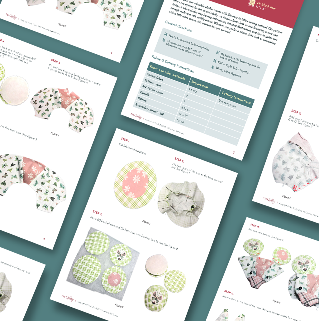 Instruction sheets with photos and diagrams for the Momo the Mouse Downloadable PDF Quilt Pattern are displayed on a teal background, showing fabric pieces, cutting instructions, and step-by-step assemblyβa delightful gift for quilters.