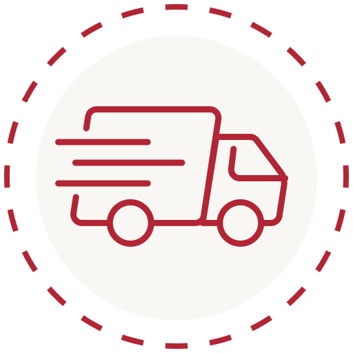 A dotted circle encloses an image of a delivery truck with motion lines, emphasizing Priority Shipping's expedited and efficient service.