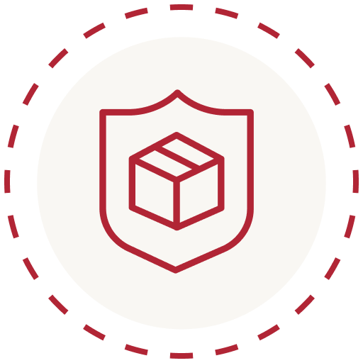 A red shield with a package icon, encircled by a dashed red line on a white background, represents the Shipping Protection & Insurance.