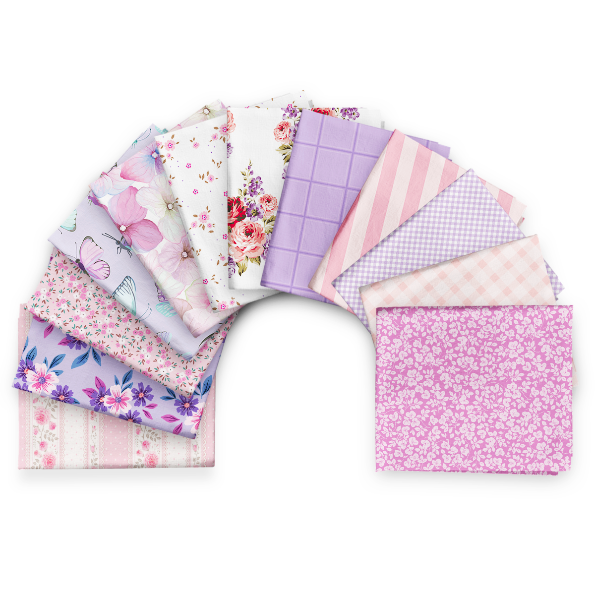 The Threads of Tomorrow - Fat Quarter Bundle includes ten pieces of 100% cotton in purple and pink floral, butterfly, check, and stripe patterns—perfect for your next creative project.