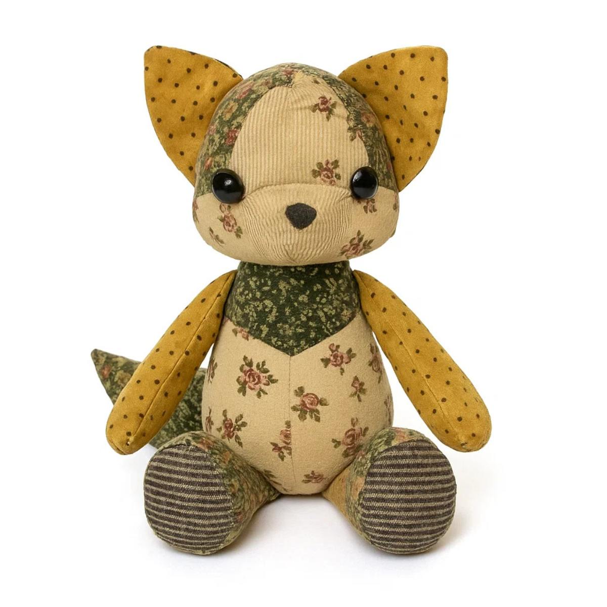 The Acrylic Fox Doll Template Set lets you create a cute patchwork fox plushie in green, beige, and yellow fabrics with black button eyes—a delightful DIY project perfect for crafters.