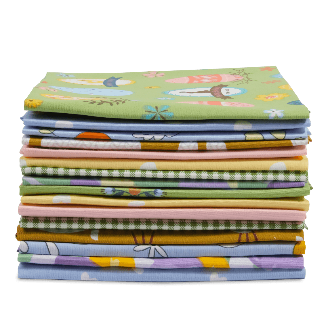 The Easter Bundle features a neatly arranged stack of vibrant, folded fabrics showcasing a variety of floral and geometric patterns against a white background.