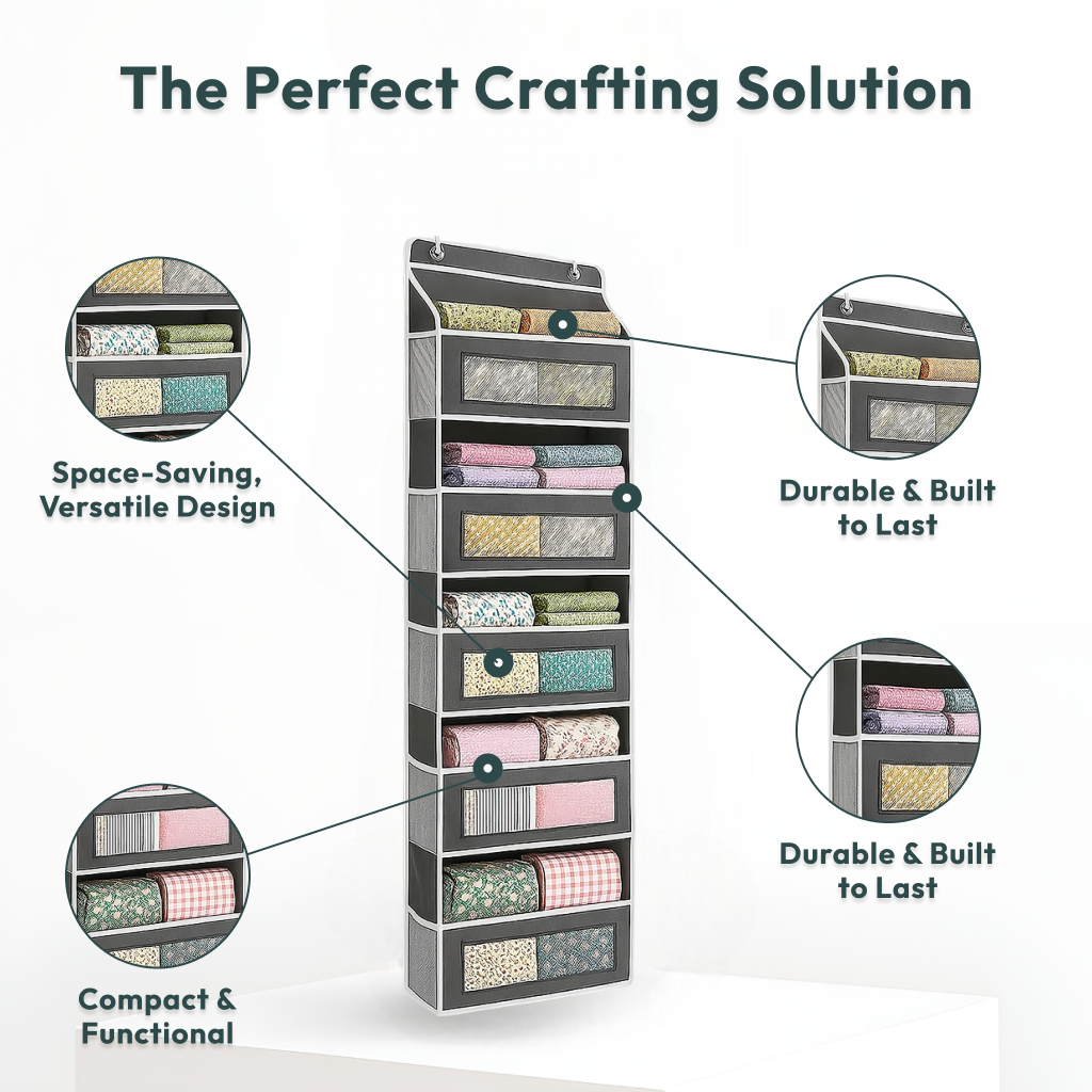 The Hanging Quilting Organizer features multiple shelves for colorful craft materials and is labeled as space-saving, durable, compact, and functional.