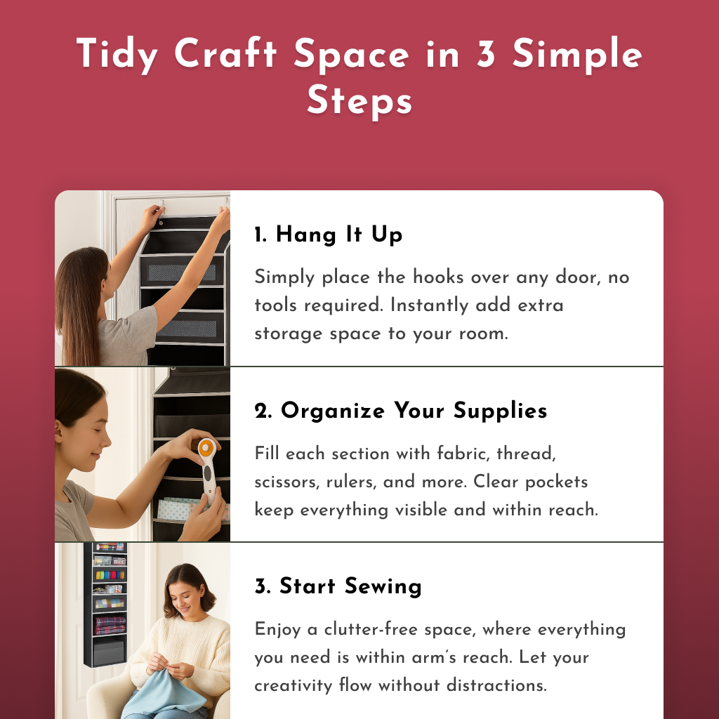 Step-by-step guide for organizing a craft space: use the Hanging Quilting Organizer, sort supplies, and start sewing, with images showing each step.