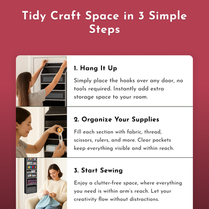 Step-by-step guide for organizing a craft space: use the Hanging Quilting Organizer, sort supplies, and start sewing, with images showing each step.