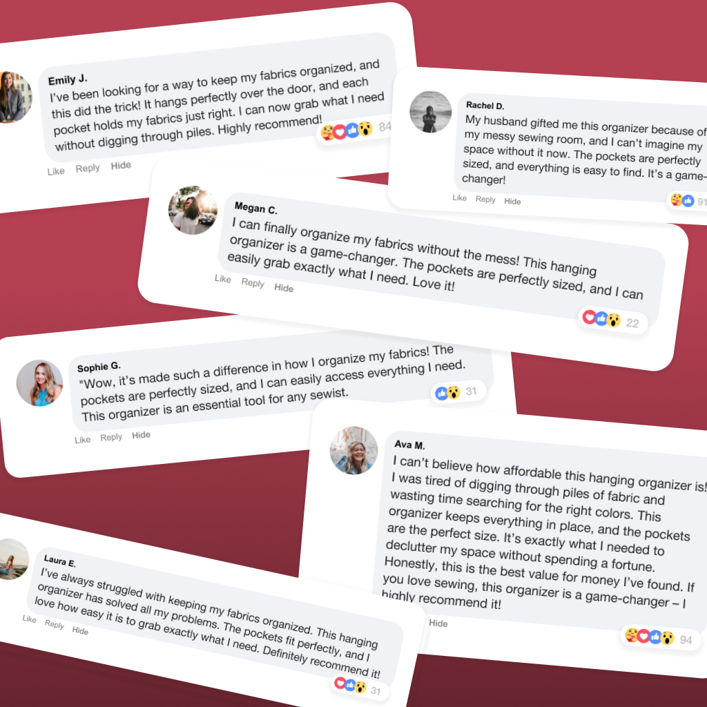 A collage of positive reviews highlights the Hanging Quilting Organizer for its convenience, smart design, and ability to neatly store fabrics and sewing supplies.