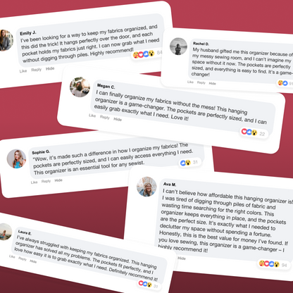 A collage of positive reviews highlights the Hanging Quilting Organizer for its convenience, smart design, and ability to neatly store fabrics and sewing supplies.