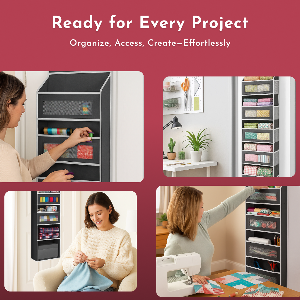 Collage of women organizing and using craft supplies stored in a Hanging Quilting Organizer featuring multiple pockets and shelves.