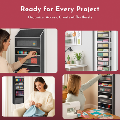 Collage of women organizing and using craft supplies stored in a Hanging Quilting Organizer featuring multiple pockets and shelves.