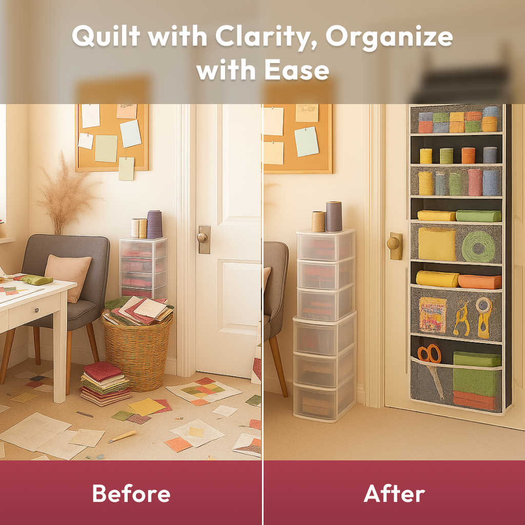 Side-by-side view of a room: left side messy with scattered fabric, right side neat with fabrics sorted in drawers and on the Hanging Quilting Organizer.
