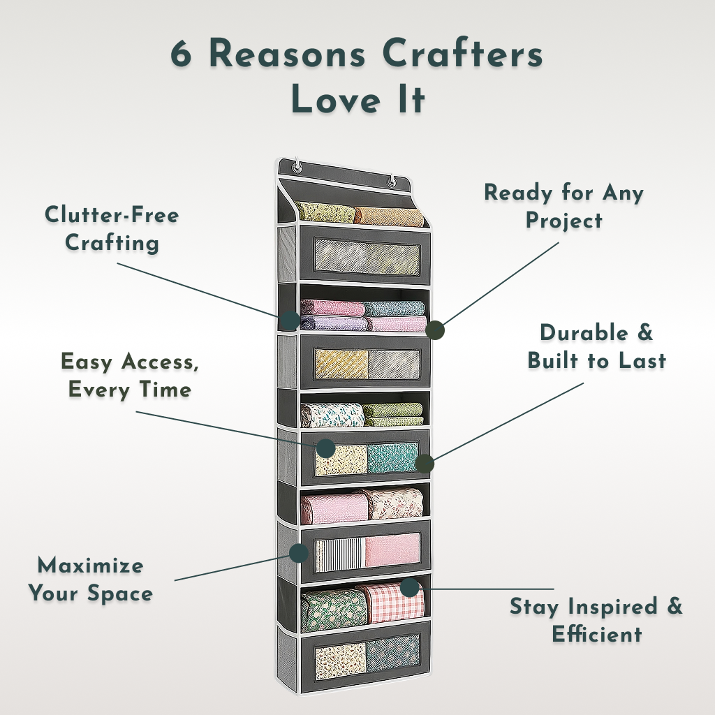 The Hanging Quilting Organizer mounts on the wall to store rolls and supplies vertically, with labeled sections for efficiency, durability, and space-saving—features crafters love.