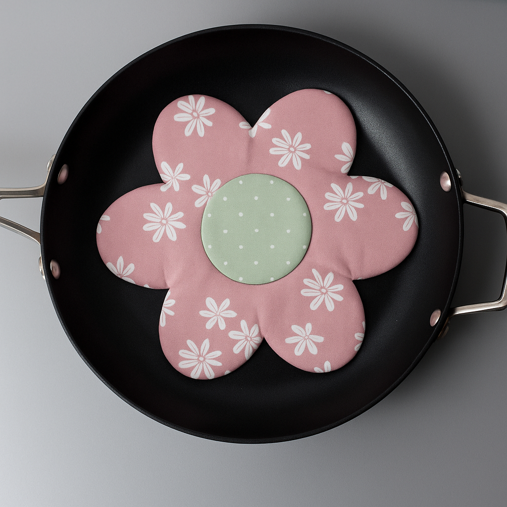 A black frying pan holds a pink, flower-shaped pan protector featuring white daisies and a green center—made using the Big Flower Pan Protector Downloadable PDF Quilt Pattern, perfect for beginner quilters.