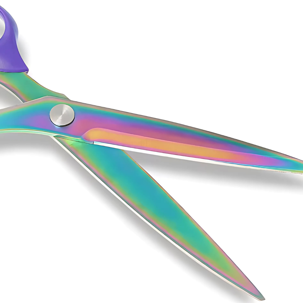 A close-up of Professional Fabric Scissors 8" with a metallic rainbow finish and purple handle, ideal for precision quilting, displayed on a white background.